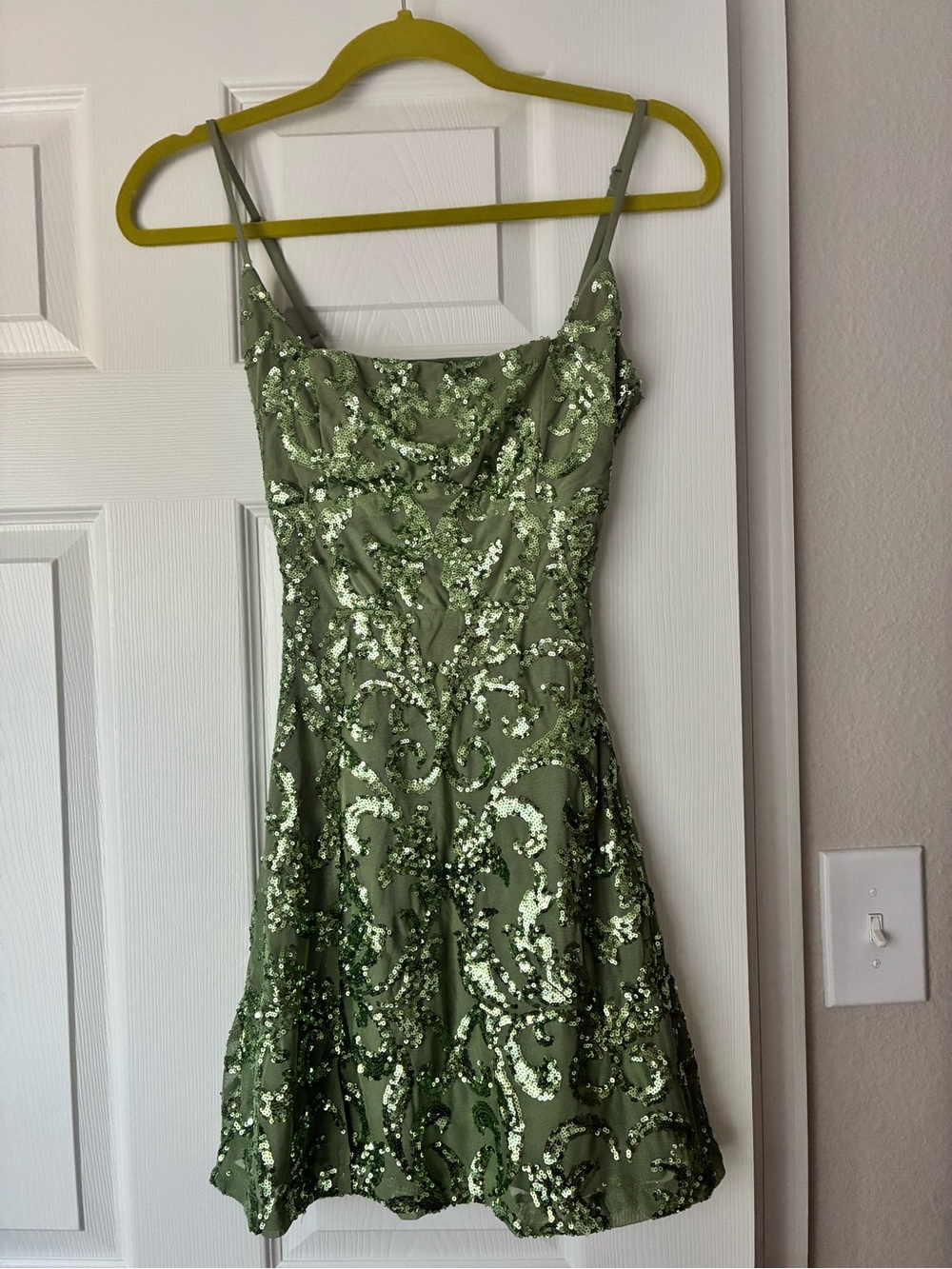 Windsor Olive Green Sequin Spaghetti-Strap Mini Dress